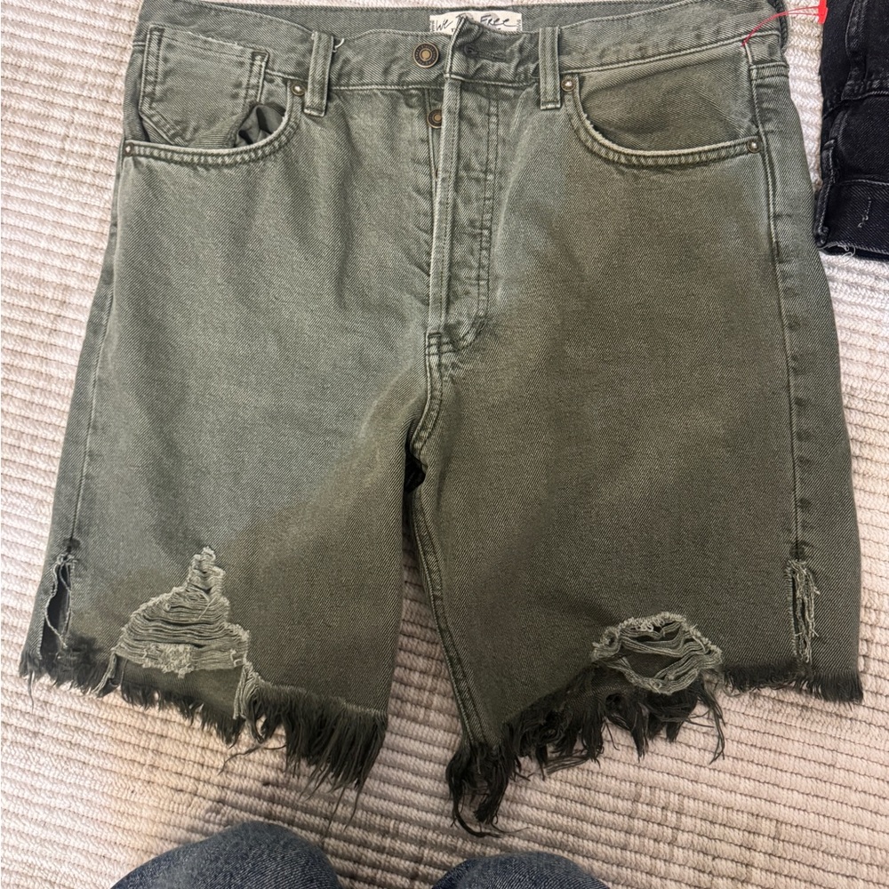 Free People Olive Green Distressed Denim Shorts
